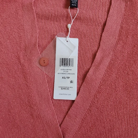 Eileen Fisher Organic Linen Crepe Stretch Boyfriend Cardigan "Coral" - Picture 6 of 10
